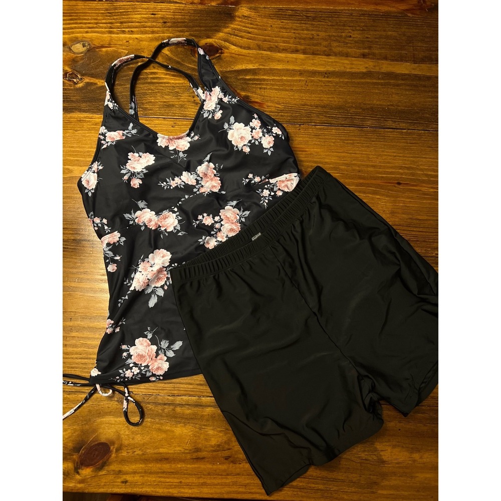 Tankini Swimsuit Set Women 1XL Black Pink‎ Floral Modest Shorts Like New